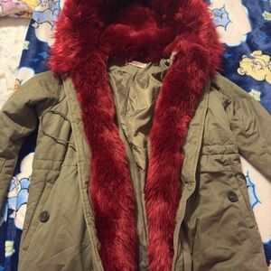 K-Zell Parka/Jacket in Olive Green with Dark Red Faux Fur Trimming & Lined Hood.
